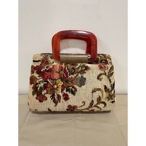 Vintage Tapestry Floral Handbag Amber Lucite Handle Kiss Lock Closure Women